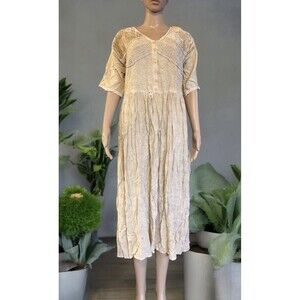 Vtg 70s CREEM Dress Hippie Boho Viscose Maxi Farmhouse Cottage core Tie Elephant